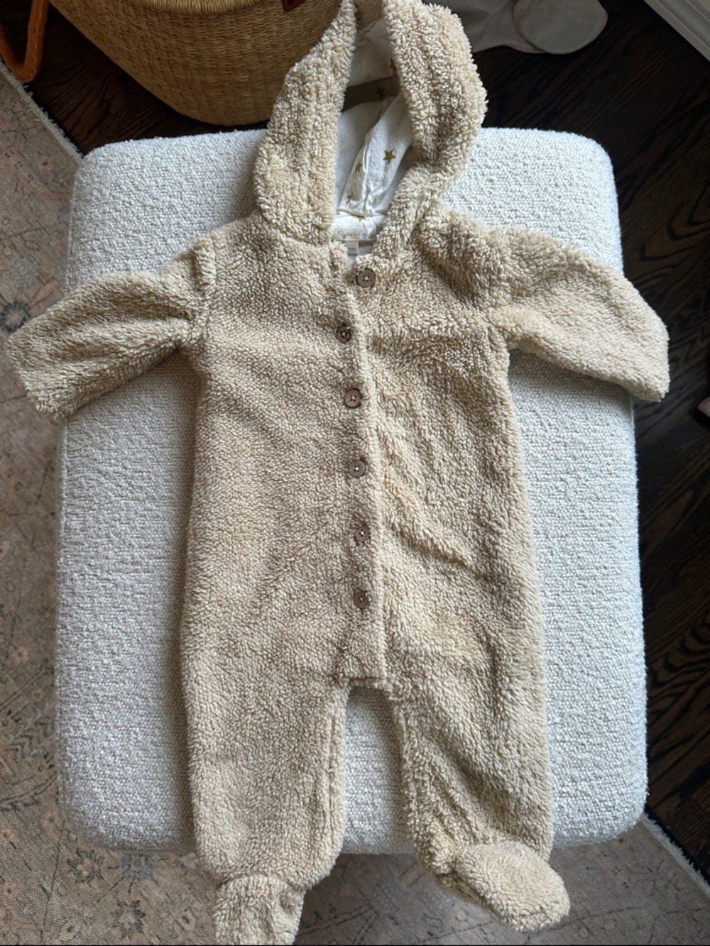 Rylee + Cru Beige Shearling Baby Hooded Footie One-Piece